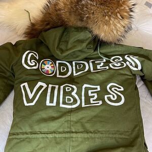 Parka Jacket Removable Fur lined Hooded good Vibes patchwork olive green Coat